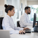 Profissionais de saúde utilizam computadores conectados à internet em uma unidade básica de saúde